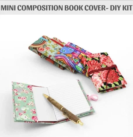 DIY mini book cover kit: mint floral open cover with pencil, plus colorful closed cover
