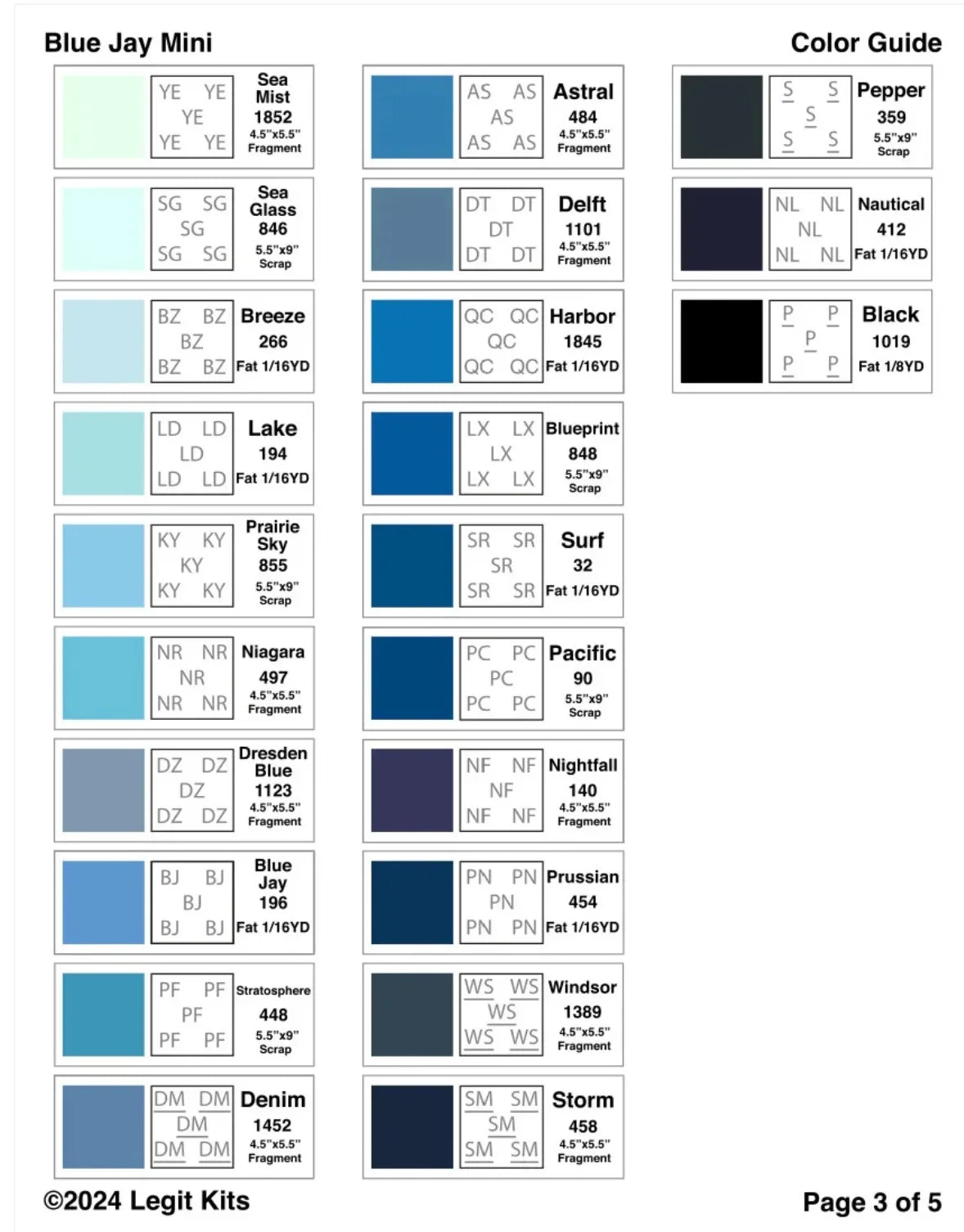 Color guide chart for foundation paper piecing quilt with numbered fabric color codes