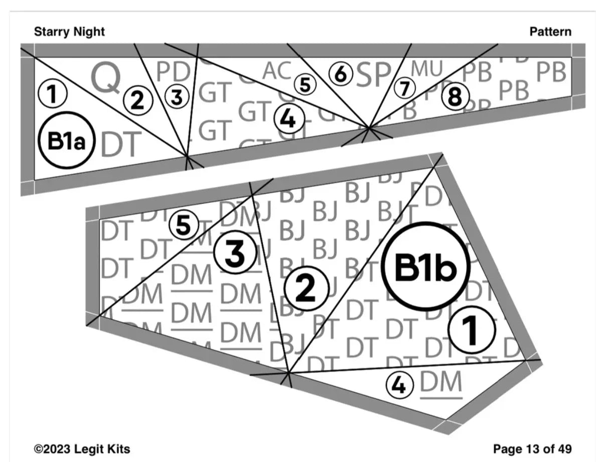 Foundation paper piecing pattern piece diagram with numbered sections and labels
