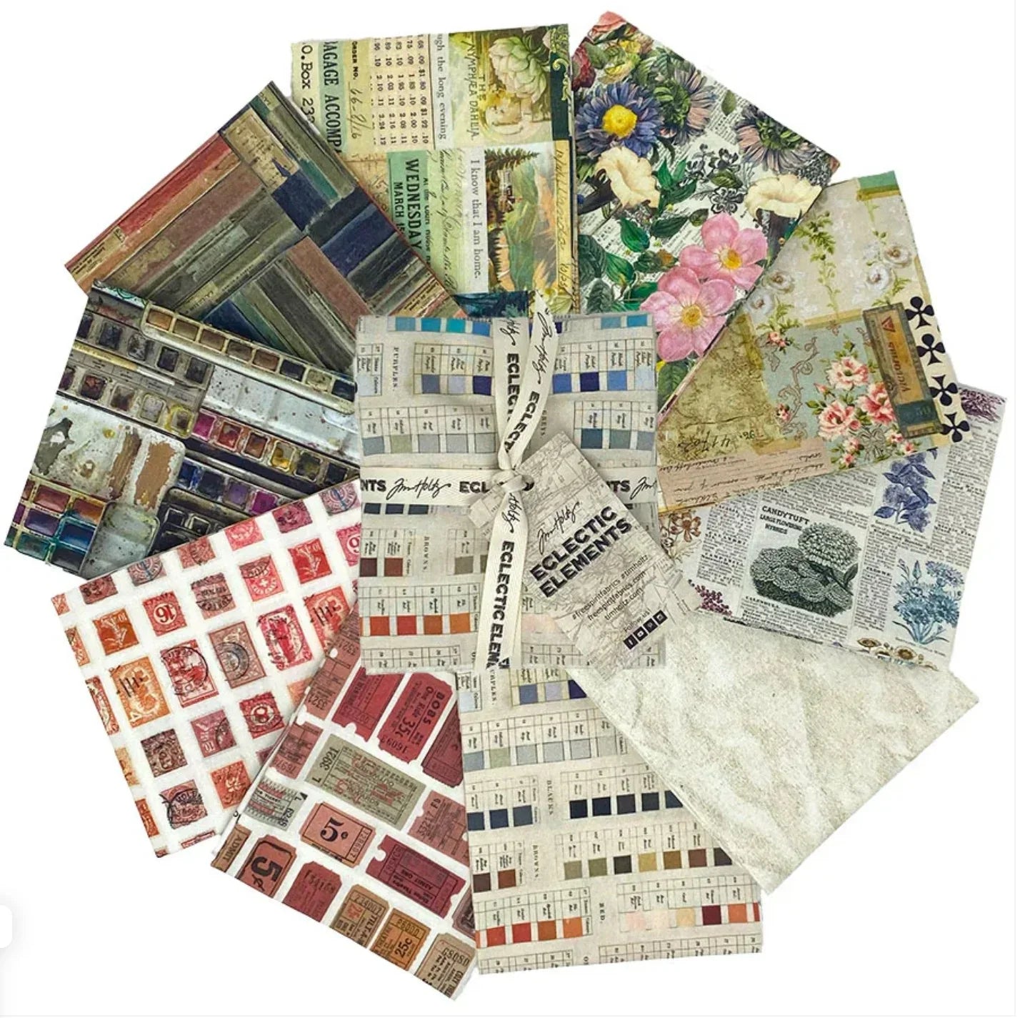Printed fabric fat quarter bundle with diverse vintage-style designs and colors