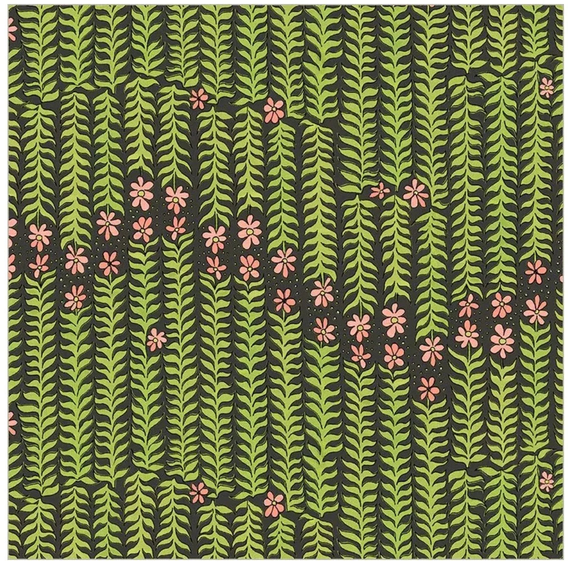Charcoal fabric with repeating green leaf vines and pink five-petal flowers