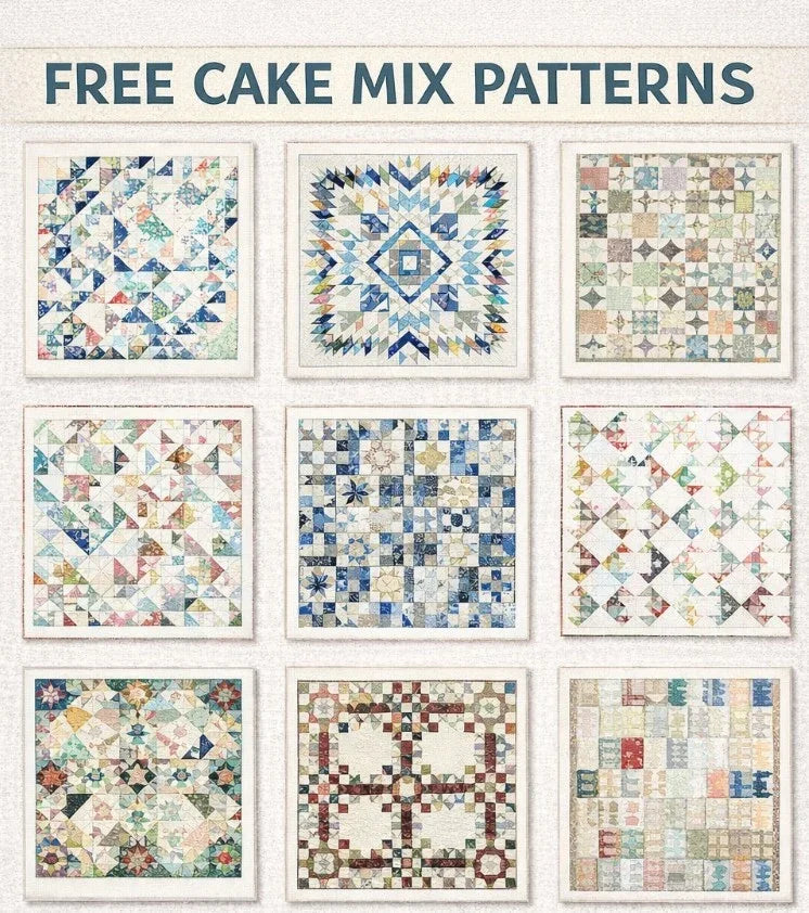 Quilt patchwork pattern assortment with multiple block designs in blue, green, tan, and red