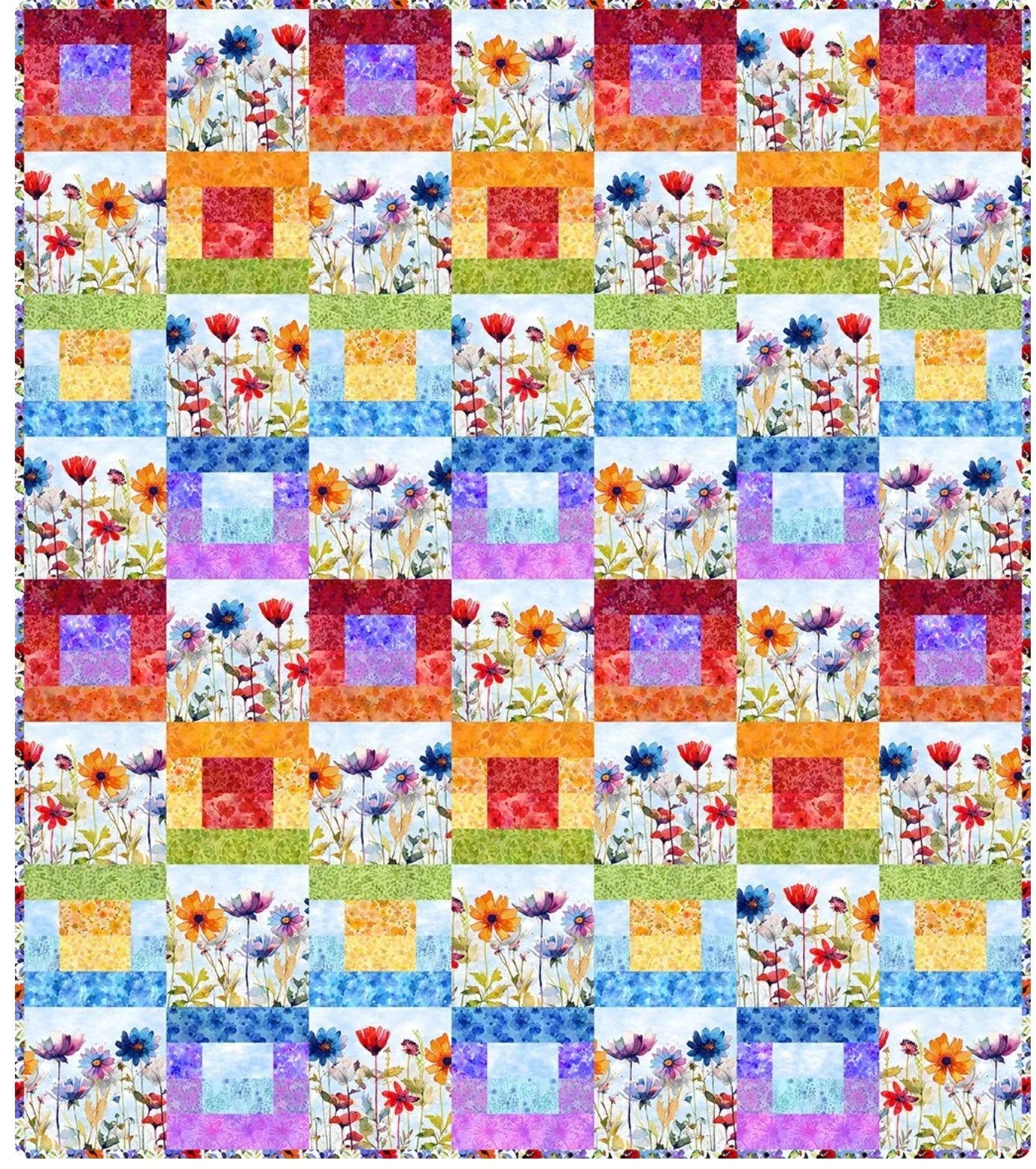 Strip quilt top with light floral print and pastel patchwork squares in rows