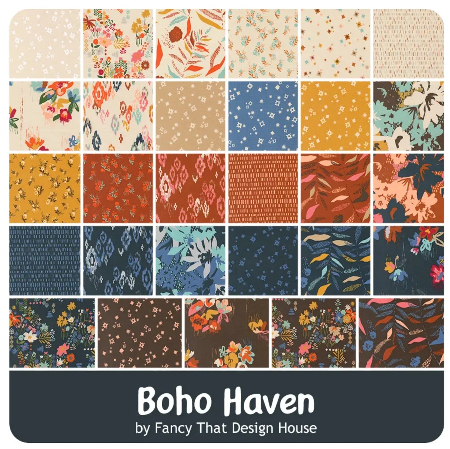 Assorted mini charm pack with small square fabric pieces, boho floral and geometric prints