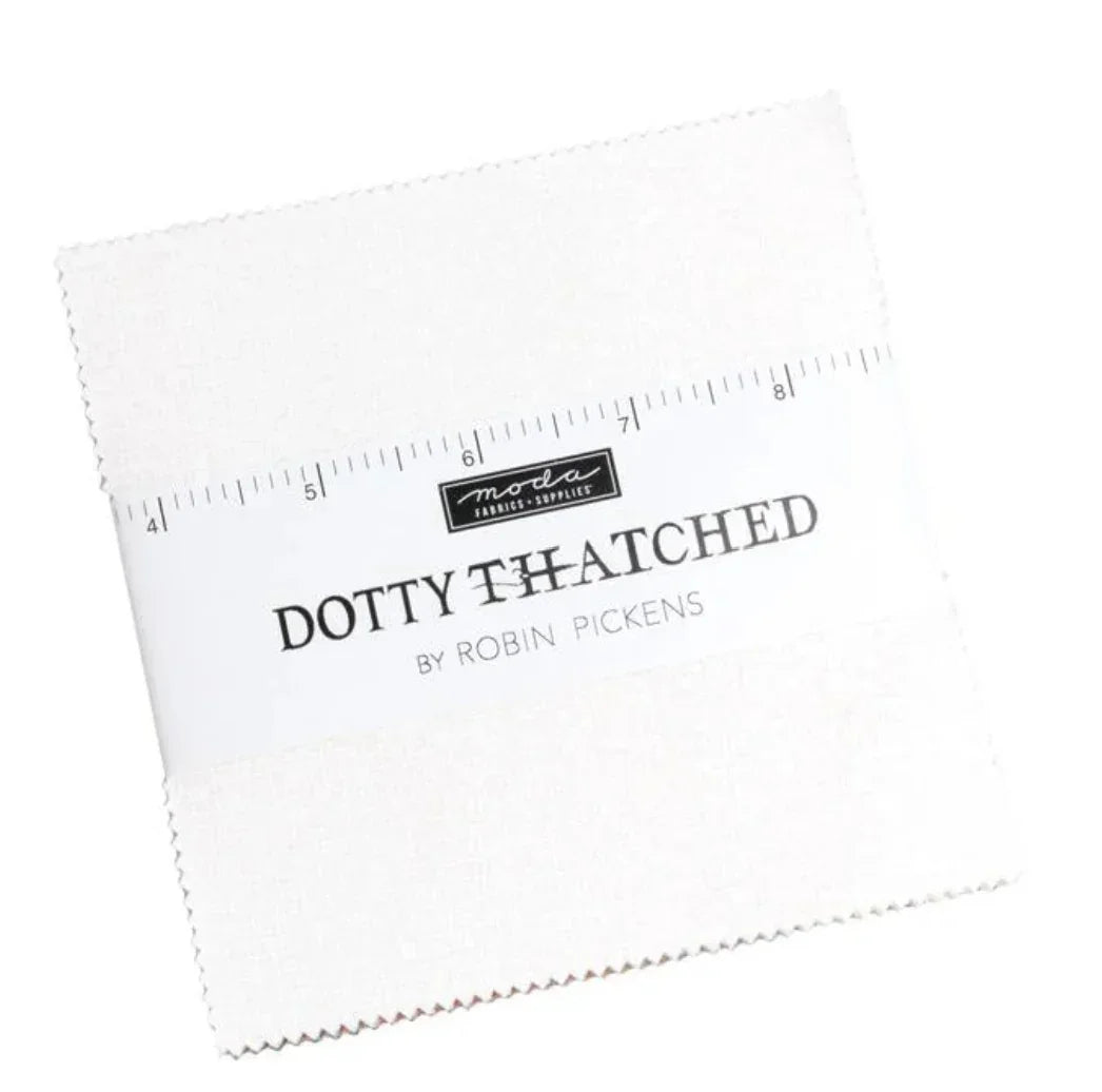 White cotton fabric charm squares with Dotty Thatched print, Robin Pickens.