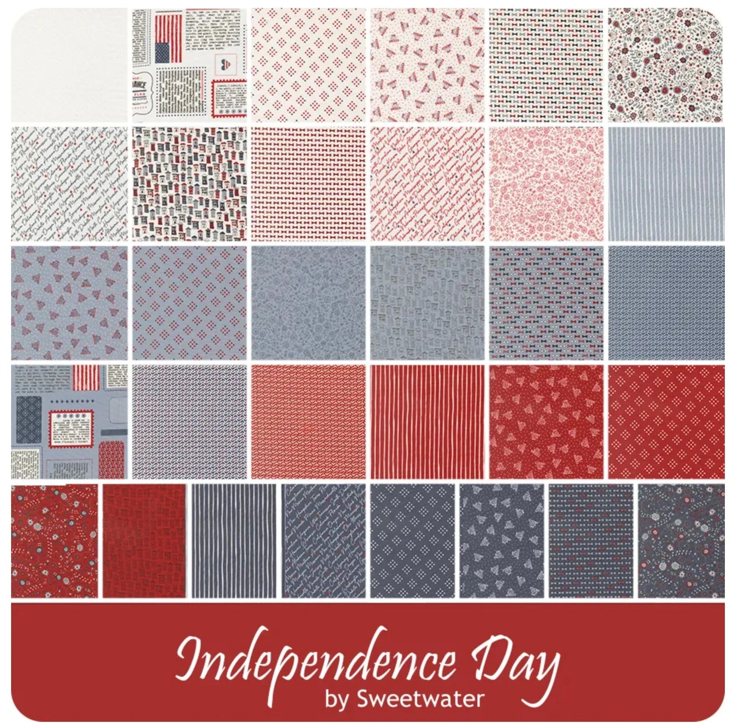 2.5-inch fabric charm squares, red white blue, small prints