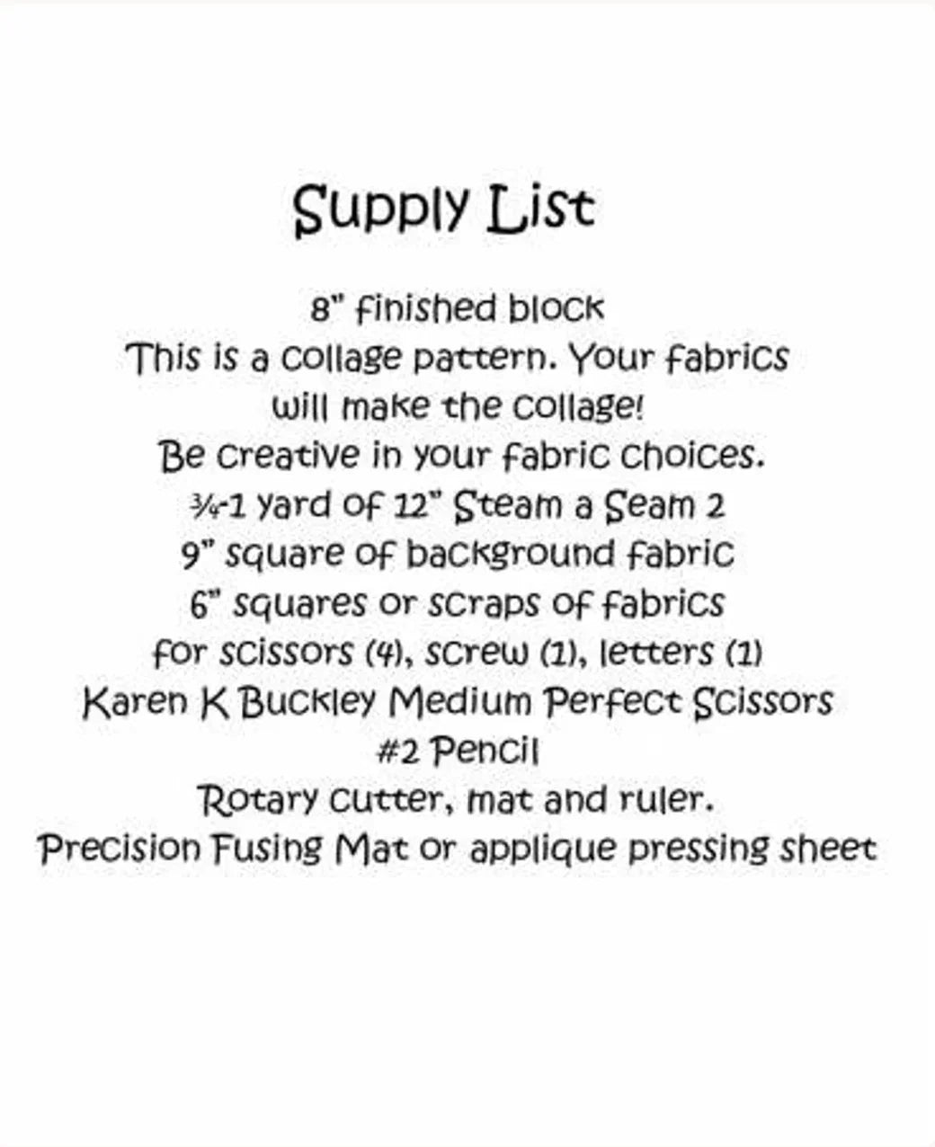 Quilting pattern instruction sheet with supply list for 8-inch finished block