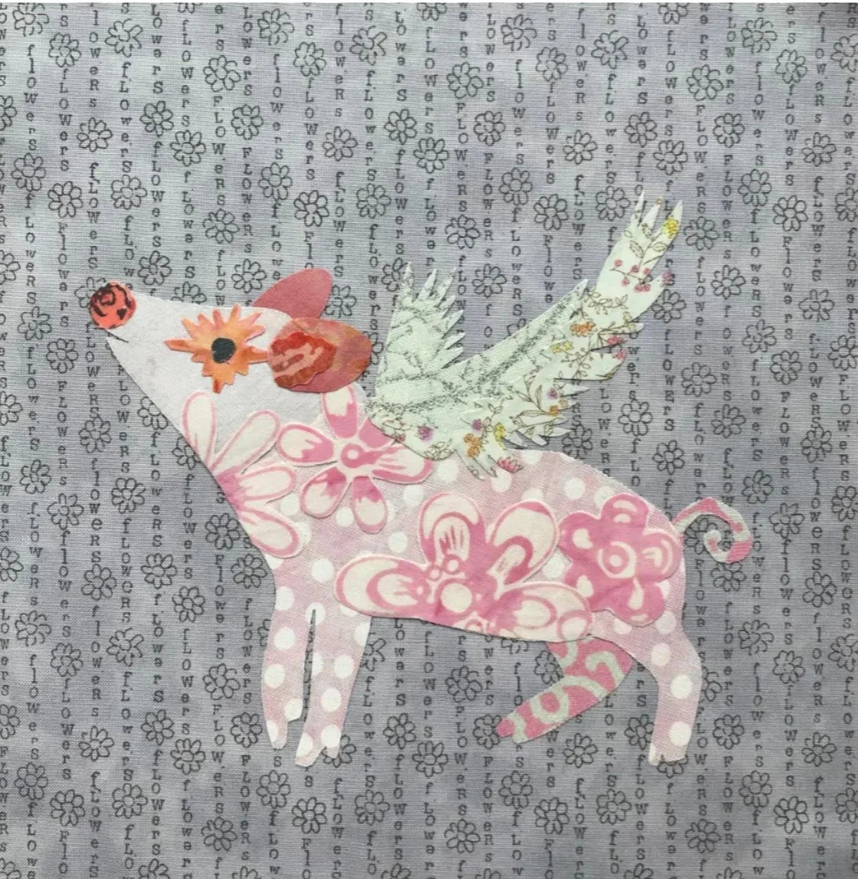 Pig collage pattern fabric with multicolor flying pig illustration