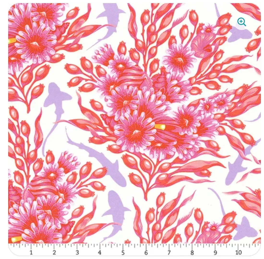 Sea reef floral yardage: coral pink flowers, red coral, and purple animal silhouettes