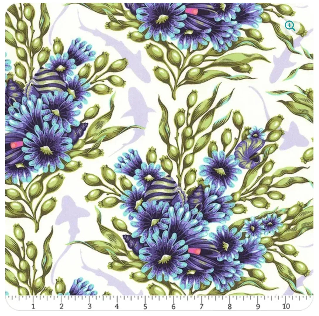 Cotton fabric yardage with purple-blue flowers and green coral-like vines on light base