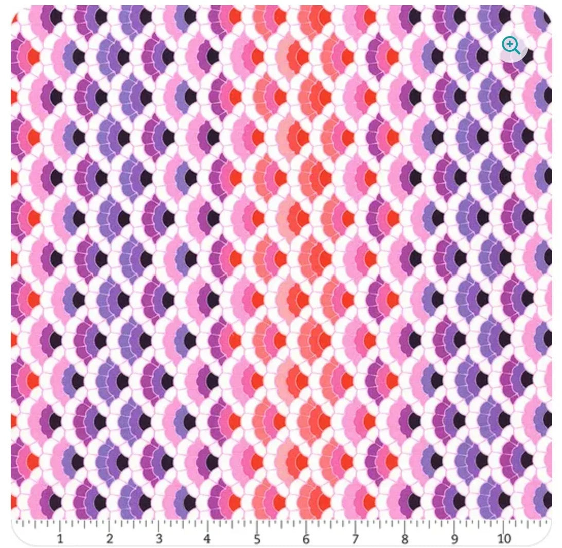 Aquatic lace yardage fabric with scalloped fan pattern in purple, pink, orange
