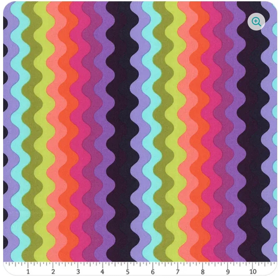 Wave pattern fabric yardage with wavy stripes in navy, coral, lime and light blue