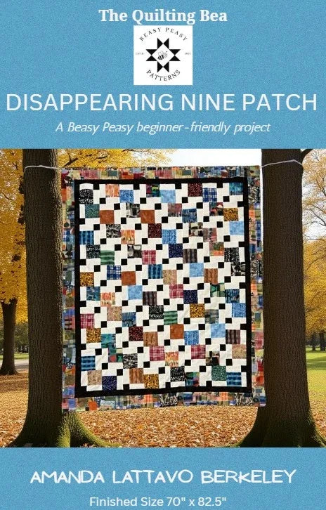 Quilt pattern book cover with title text and small multicolor nine-patch quilt photo