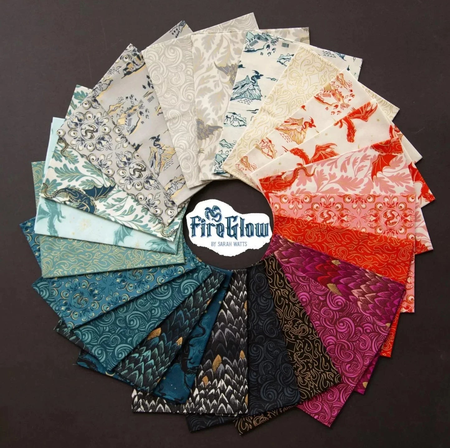 Fireglow mini charm precut 2.5in fabric squares, assorted prints in blue, teal, and red