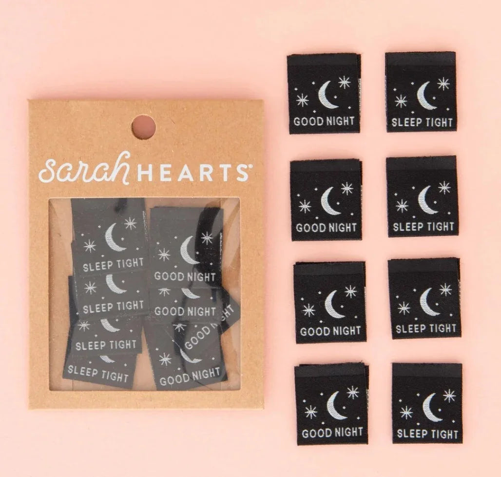 Glow-in-the-dark woven label set with black fabric, moon icons, Good Night/Sleep Tight