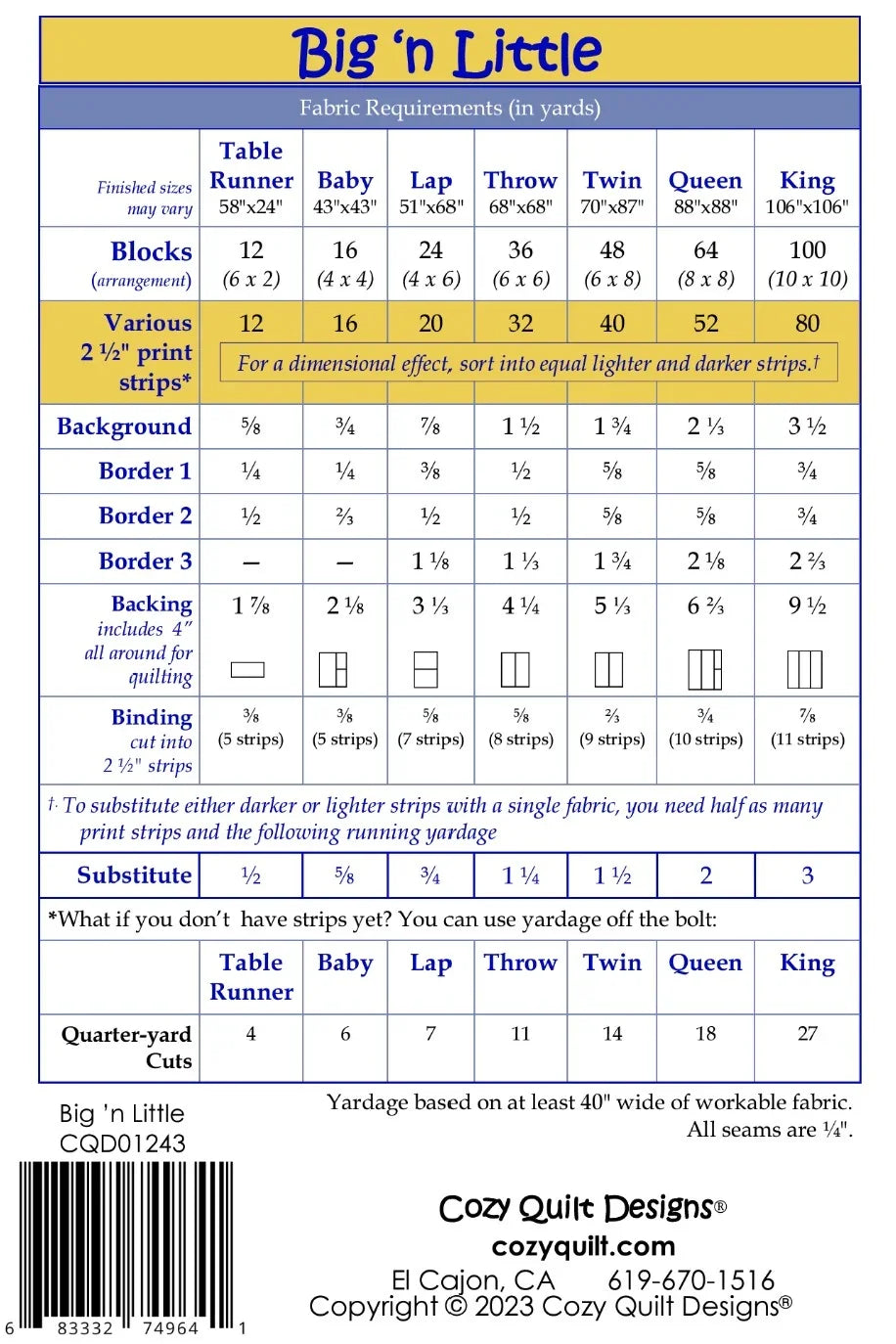 Big 'n Little quilt pattern booklet back cover with fabric yardage requirement tables