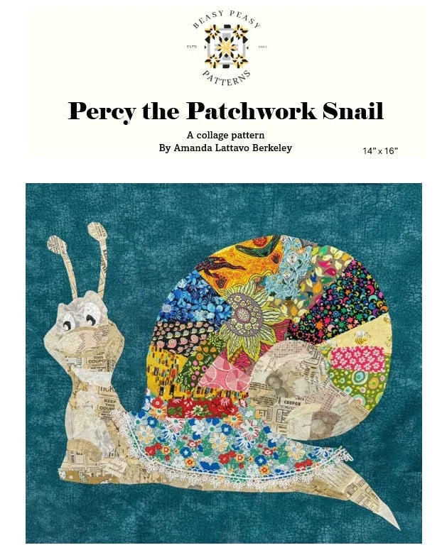 Patchwork snail collage pattern page with colorful shell and cream body