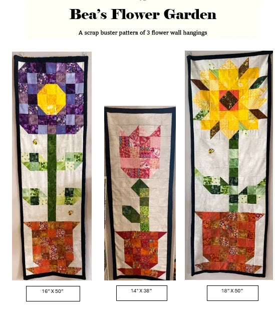 Three patchwork quilt wall hangings shown with size labels and black borders