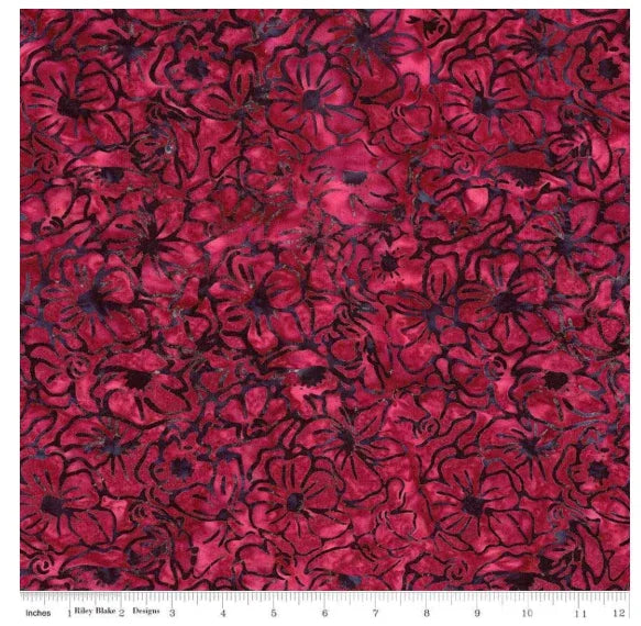 Floral batik fabric with dark cherry-red and black abstract blossoms and leaves