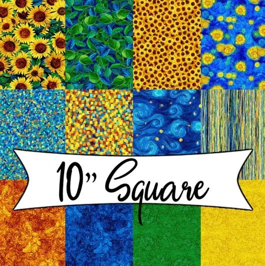 10-inch fabric squares with sunflower, dotted, and leafy blue prints in a stack