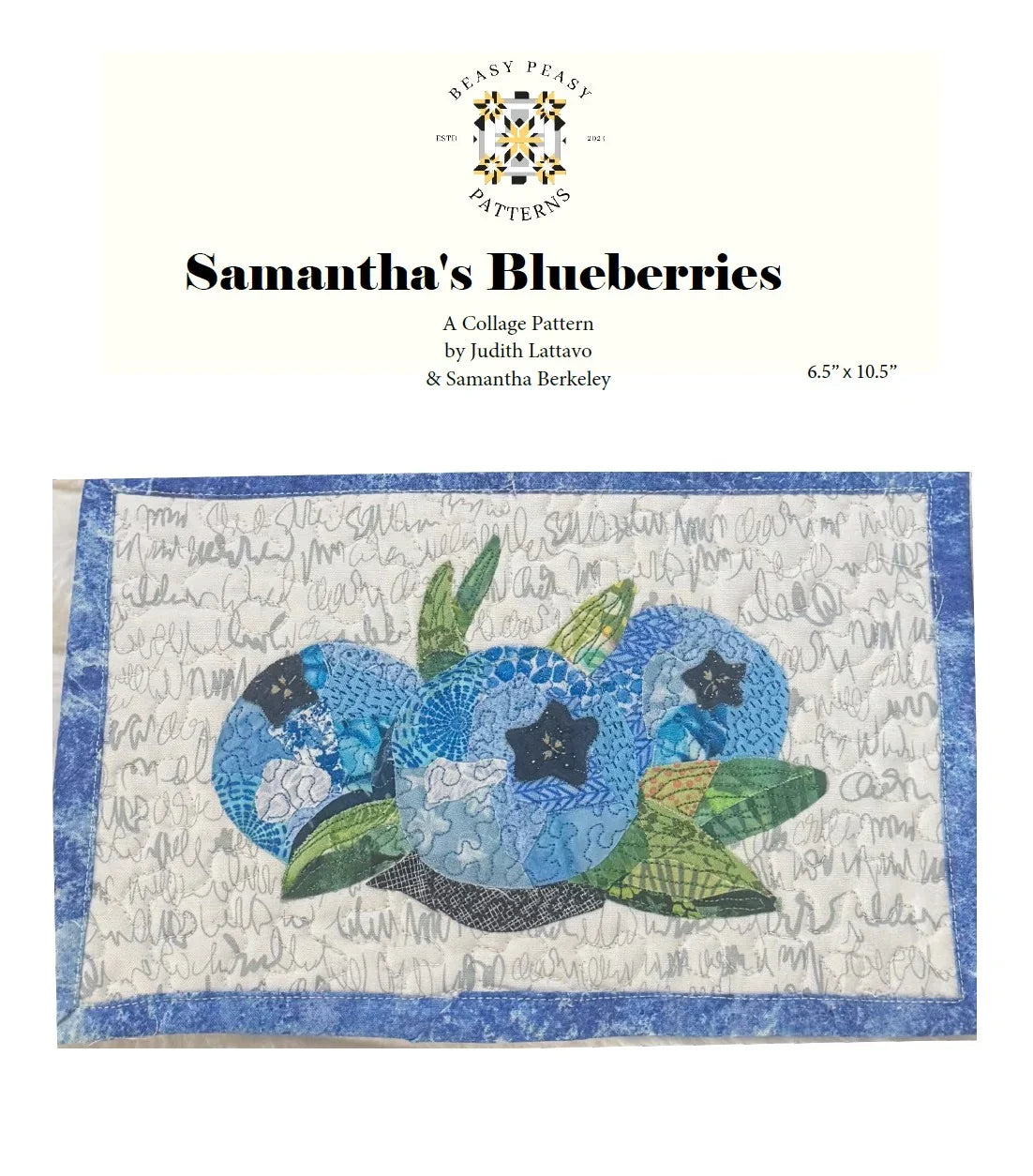 Hardcopy pattern booklet cover for Samantha's Blueberries, with blue collage rectangle