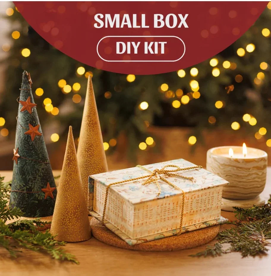 Wrapped small fabric box with hinged lid, white fabric with gold patterned trim