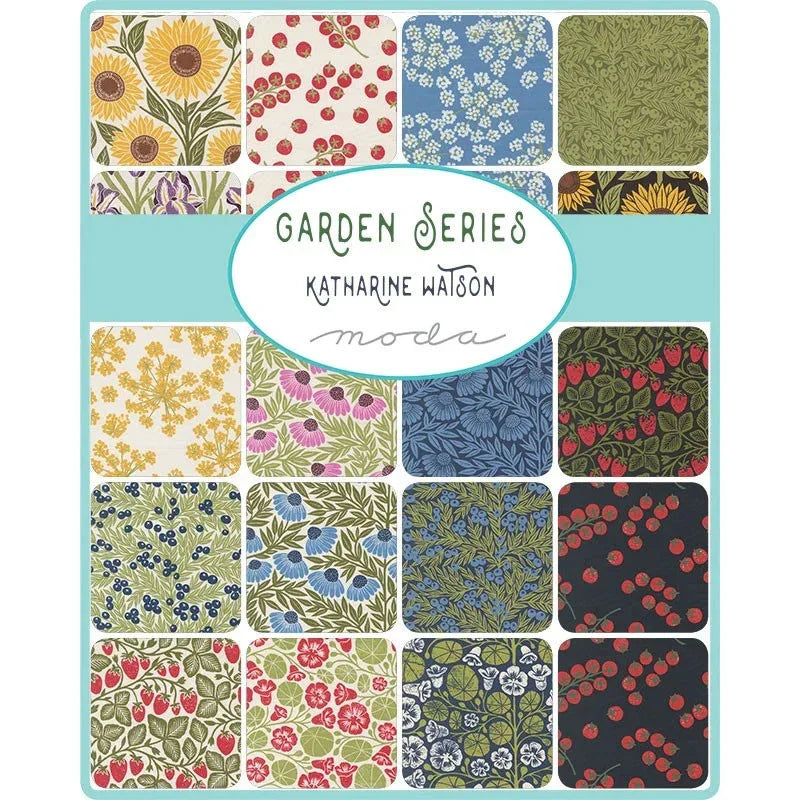 Mini charm squares assortment with Garden Series prints in blue, green, red, and cream
