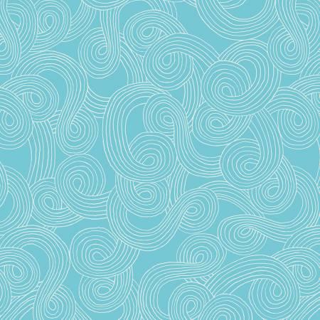 Sky blue cotton quilting fabric with white spiral swirl pattern