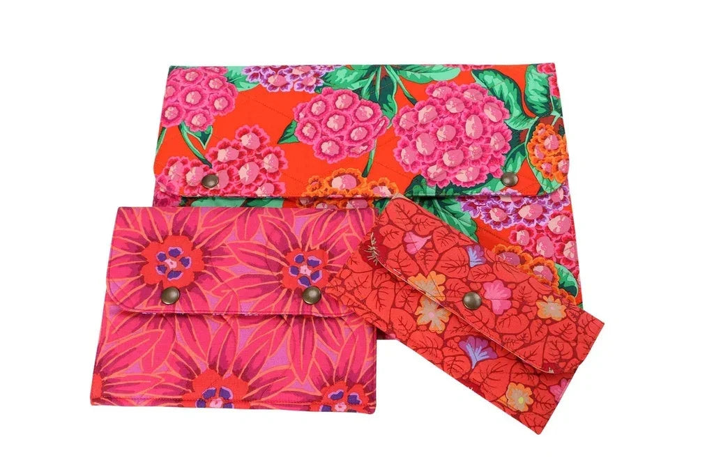 Pink and blue floral fabric sleeves with snaps and button tabs
