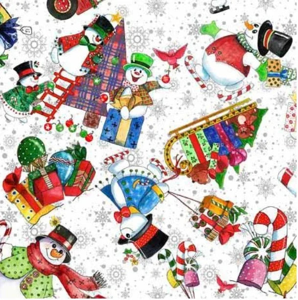 Festive snowman toss print fabric with multicolor holiday characters on white