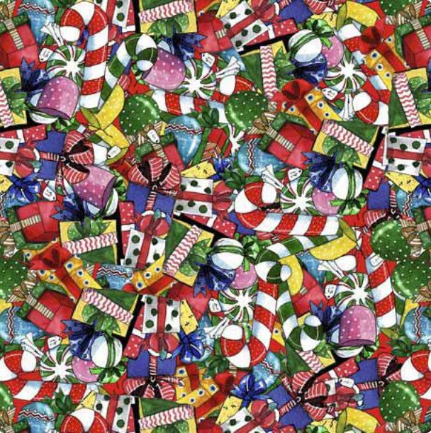 Snowman Follies Packed Candy & Presents 29593 X from QT Fabrics Sold by the Half Yard