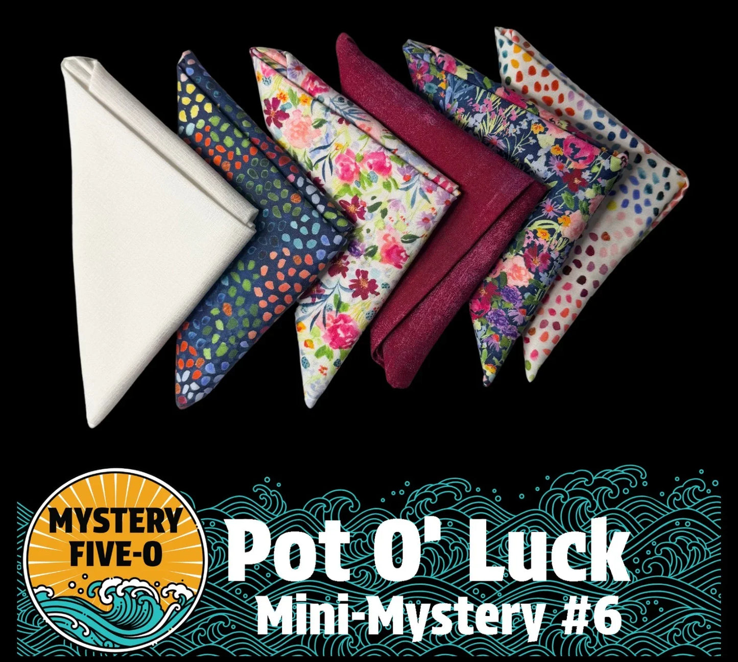 Mini mystery bundle of patterned fabric pennants: white, maroon, floral, polka-dot, wave