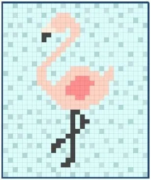 Flamingo squares quilt pattern on grid, pink flamingo with black legs and beak