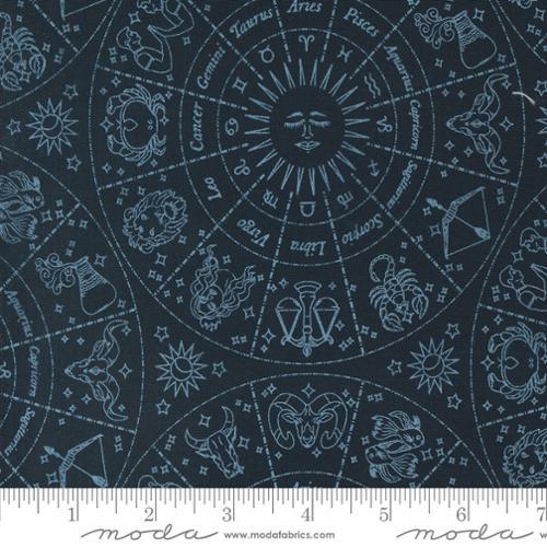 Navy fabric with starry astrology motifs, sun and zodiac icons, and celestial chart print