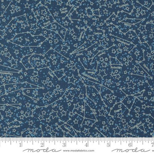 Blue starry sky fabric with constellation lines and star motifs, small print