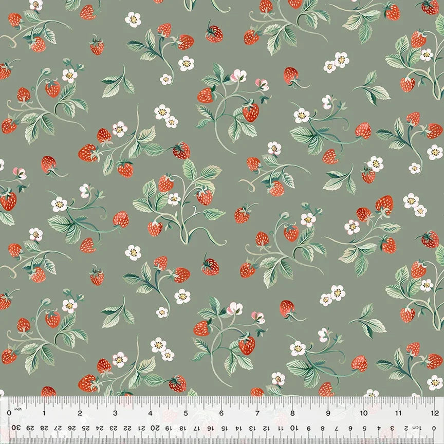 Dark sage fabric with scattered strawberries, red berries, and small white blossoms