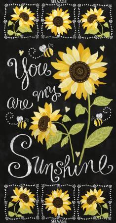 Black fabric panel with yellow sunflowers and white script "You are my Sunshine"