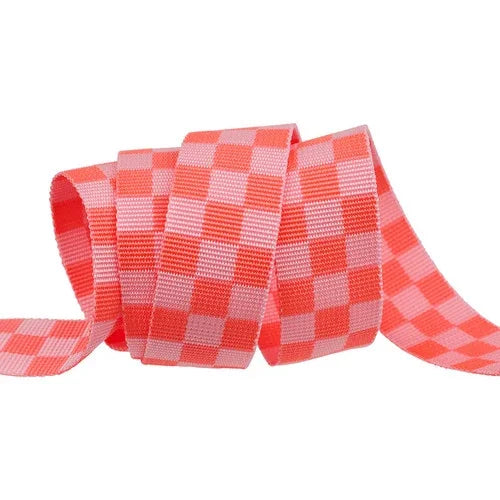 1-1/2in checkered ribbon webbing in coral and white with woven texture