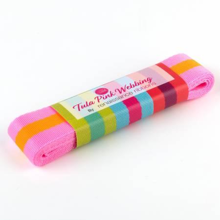 Striped webbing ribbon in pink and orange, rolled with printed logo on top
