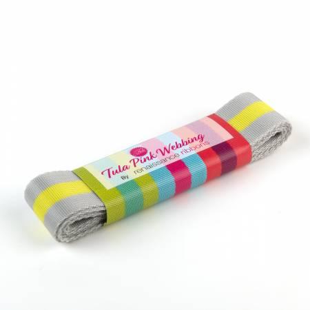 Tula Pink striped webbing ribbon in grey and lime, rolled 2 yd