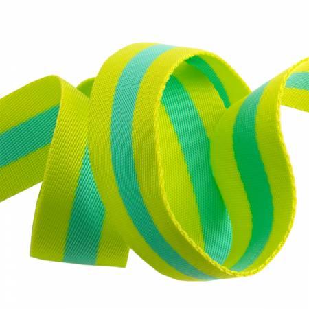 Striped fabric webbing ribbon in lime and turquoise, 1.5-inch width