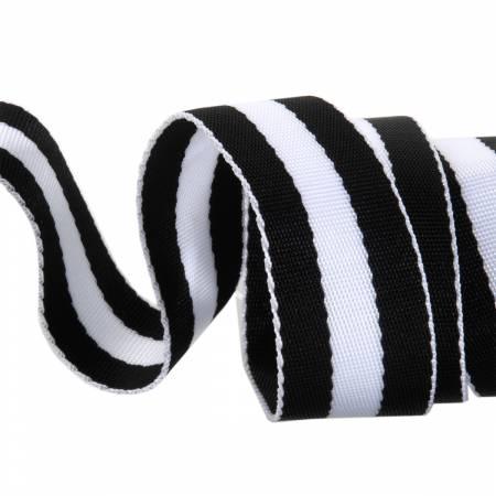 Black and white striped webbing ribbon, braided texture, folded edge