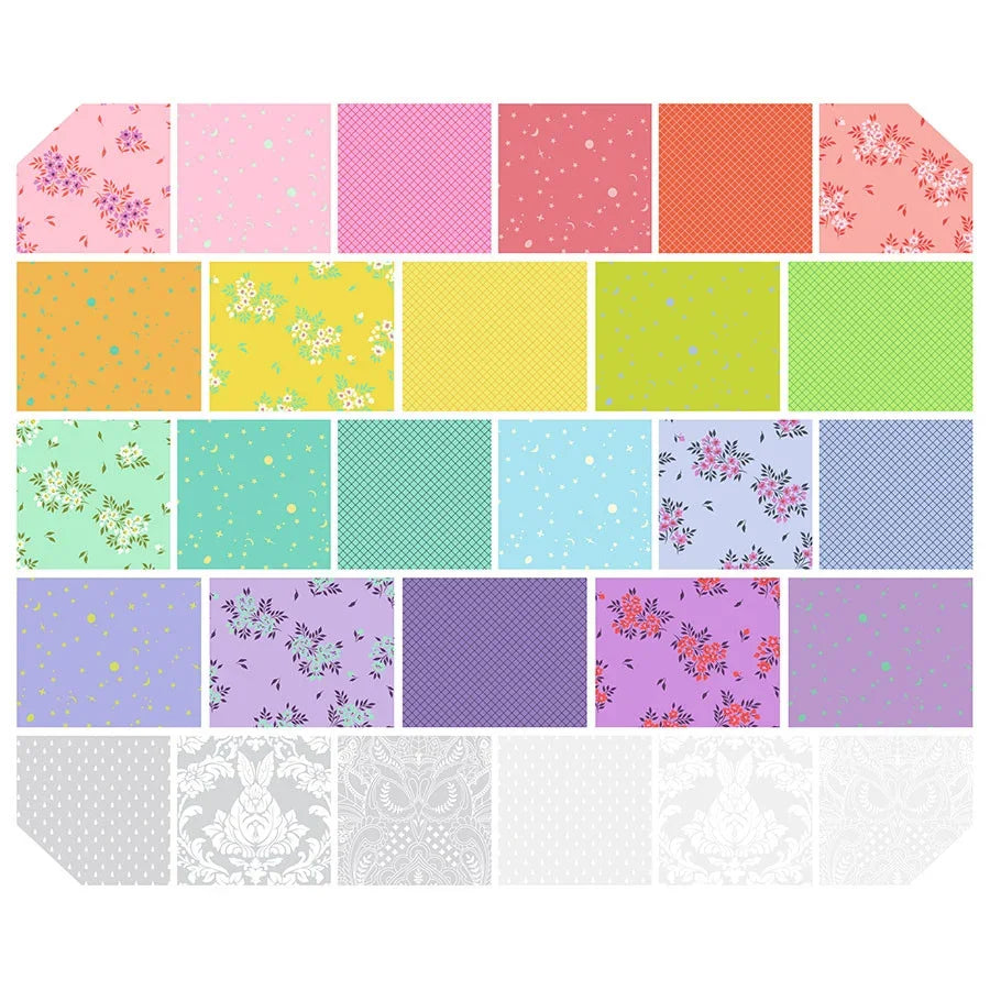 Assorted fabric squares in a grid, pink, green, purple, orange, and white print mix