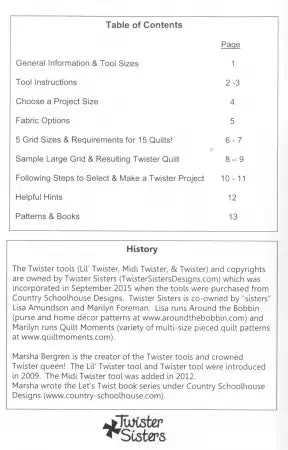 Quilt planner booklet page with table of contents and section headings