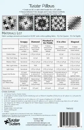 Twister pillow pattern sheet with fabric requirements and patchwork block diagrams