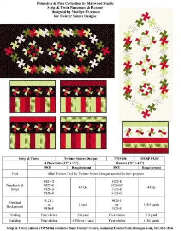 Quilt pattern layout with black background and red-and-green twist blocks for placemats