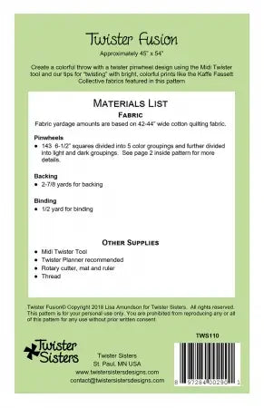 Quilting pattern booklet back with materials list and TWS110 label