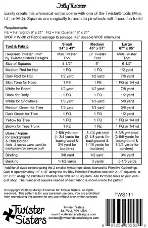 Quilting tool size chart and instructions for TWS111 Twister tool