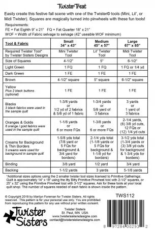 Quilt pattern instruction card with measurement and fabric yardage chart