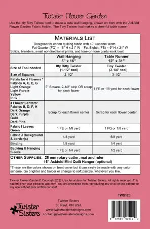 Twister Flower Garden quilt pattern instructions sheet with materials list and barcode